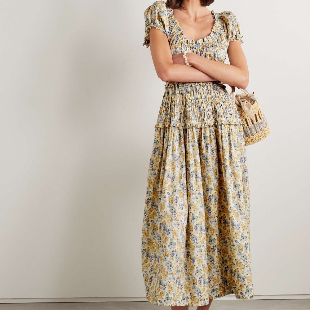 DÔEN Leanne shirred floral-print cotton-voile midi dress